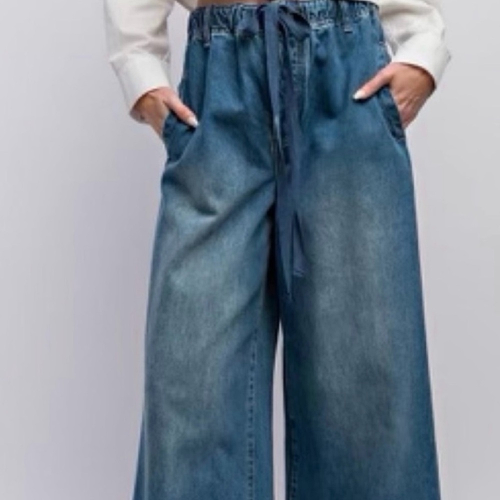 Easel Women's Blue Wide-Leg Jeans elastic waist with drawstring